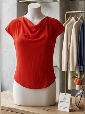 Ann Taylor Vibrant Poppy Red Cowl Neck Blouse